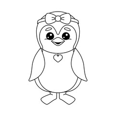 Charming penguin girl with bow on her head and heart necklace around her neck. Coloring book with penguin lady who is going to party, birthday or wedding.