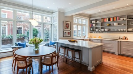 Elegant, light-filled kitchen-dining area.