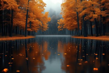 Obraz premium Autumn Reflections in a Serene Forest Lake Featuring Vibrant Orange Leaves and Misty Backgroun