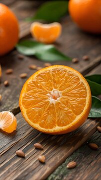 A hyperrealistic close-up photo of a sliced orange. The orange is placed on a rustic wooden surface, and there are a few scattered orange peels and leaves for contrast. The orange's juicy, vibrant fle