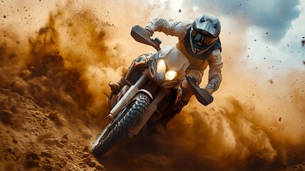 Cool wolf-headed motorcyclist in full racing gear kicking up sand in an epic off-road landscape  