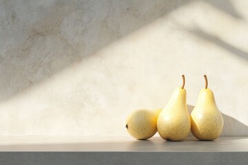 Fresh pears with light speckles, placed delicately on a smooth concrete surface, creating a minimalist, natural setup with soft lighting and subtle textures