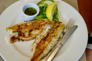 Pan fried sea bass fillet served on white plate with fresh lettuce lemon wedge and sauce gourmet seafood dish with light vegetables concept of restaurant menu fish market healthy eating