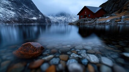Fototapeta premium Misty fjord landscape with a red cabin
