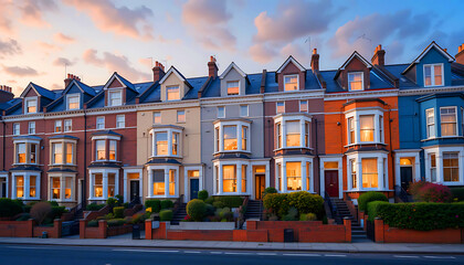 Row of English terraced houses on hilly area in Crouch End, North London