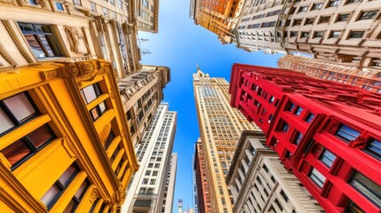 Colorful Urban Buildings Looking Upward, City Skyline, Architecture, View From Below