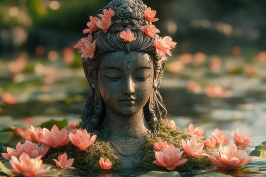 Serene Sculpture Surrounded by Lotus Flowers in a Tranquil Pond Ideal for Meditation and Spiri