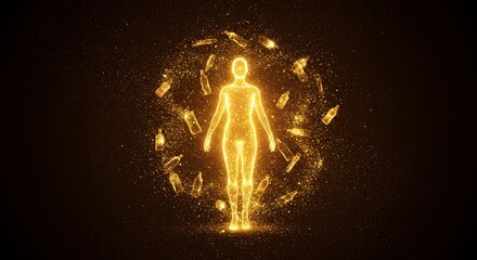 Radiant humanoid silhouette recycling bottles amidst sparkling particles vortex