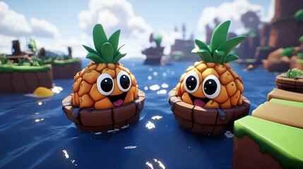 Fototapeta premium Two friendly pineapple characters float in small boats on a sunny, playful water world.