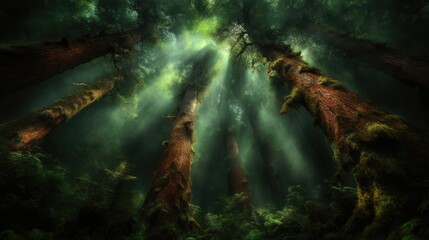 Obraz premium Sunlight filtering through ancient forest canopy. Lush, moss-covered trees reach towards the sky, bathed in ethereal light