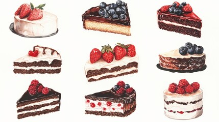 Delicious and Delectable Collection of Assorted Cakes Featuring Fresh Fruits and Rich Chocolate Presenting an Irresistible Temptation for Dessert Lovers