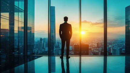Silhouette of a confident business professional looking out over a cityscape at sunset from a high office