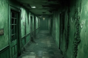 Eerie Corridor with Peeling Paint and Overgrown Vines Haunted Atmosphere for Horror Mystery