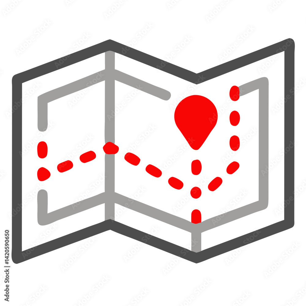 Poster open map icon design with a marked route in red and gray colors on a white background