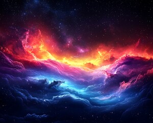 Cosmic scene. Nebula with vibrant colors blue, purple, orange, red, and stars in the black sky