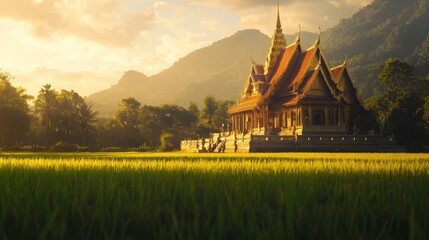 Naklejka premium A golden Thai temple glowing in the soft light of sunset, surrounded by green rice fields swaying in the wind