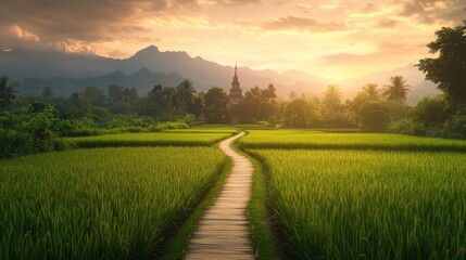 Obraz premium Pathway through rice fields leading toward a Thai temple, with sunset casting long shadows and warm hues