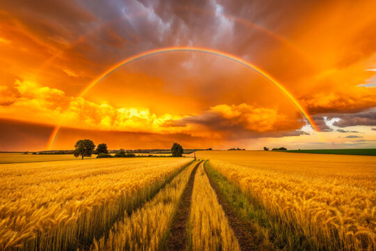 A dirt road through a golden wheat field under a vibrant sunset sky with a rainbow and dramatic clouds in a rural countryside landscape - Powered by Adobe