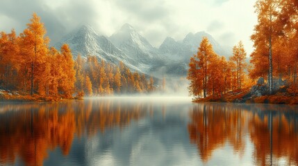 Fototapeta premium Early morning fog drifting over calm lake surrounded by golden and red autumn trees 