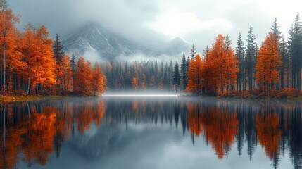 Fototapeta premium Early morning fog drifting over calm lake surrounded by golden and red autumn trees 