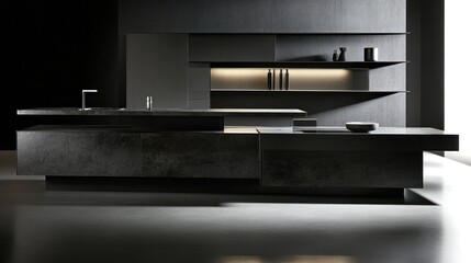 Modern, minimalist kitchen design featuring dark gray stone countertops.