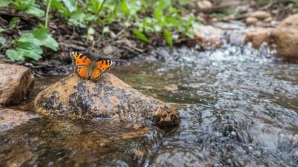 A vibrant orange butterfly rests on a rock amidst a small, flowing stream.