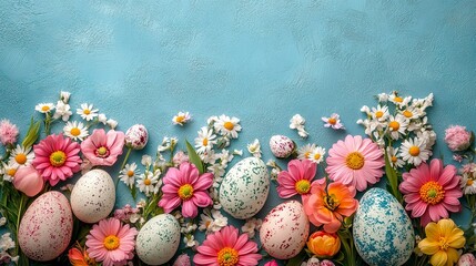 Obraz premium Easter floral flat lay with copy space 