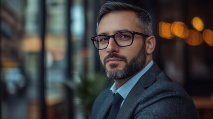Obraz premium Man with salt and pepper hair wearing glasses and a suit looking directly at the viewer with a blurred background