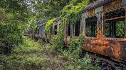 Fototapeta premium Rusty Abandoned Train Cars Overgrown with Greenery in a Forgotten Railway Station Surrounded by Dense Forest and Lush Vegetation