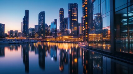 Fototapeta premium Night cityscape with illuminated skyscrapers reflecting on water, capturing urban landscape and modern architecture.