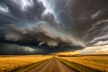 Dramatic storm cloud over rural dirt road with golden wheat field under dark sky during sunset weather landscape