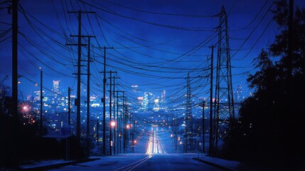 Night view of a street lit by electric lights, power lines crisscrossing above