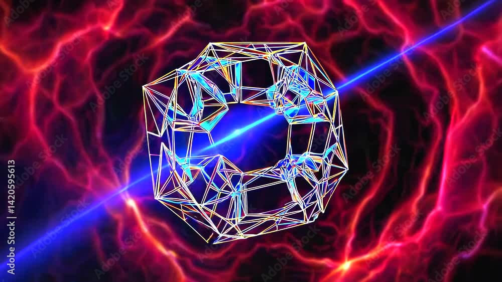 Poster rotating geometric shape generating luminous energy waves, pulsing against dynamic technological bac
