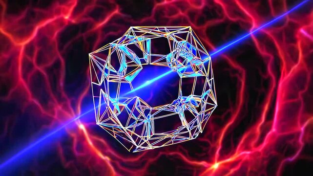 Rotating geometric shape generating luminous energy waves, pulsing against dynamic technological background, representing intricate cosmic interconnections