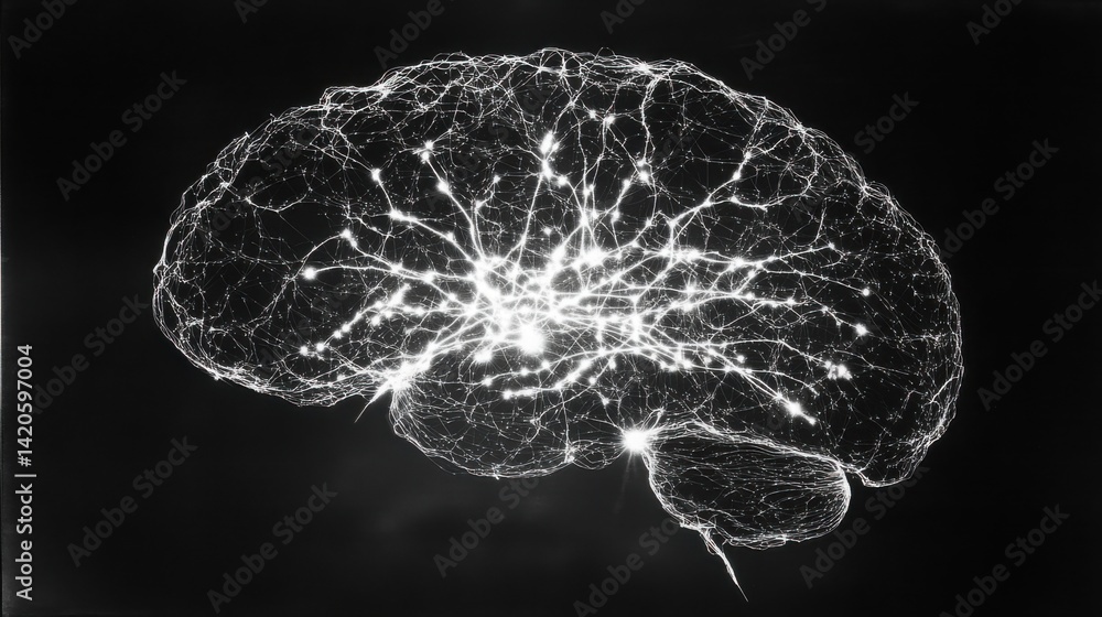 Poster a neural grid shaped like a brain, with tiny electric charges lighting up each connection