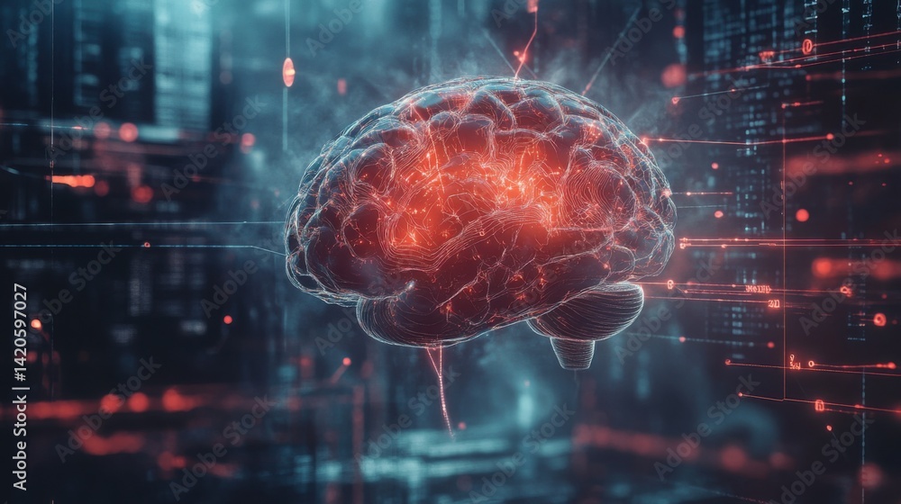 Poster ai brain surrounded by electric energy lines and data signals on a tech-themed background