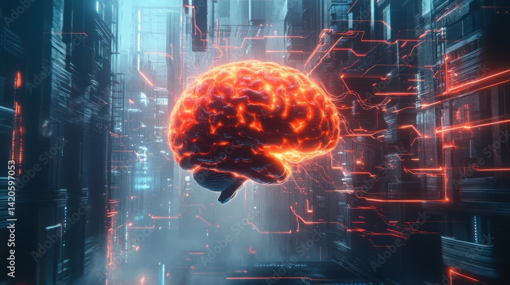 Aufkleber ai brain surrounded by electric energy lines and data signals on a tech-themed background
