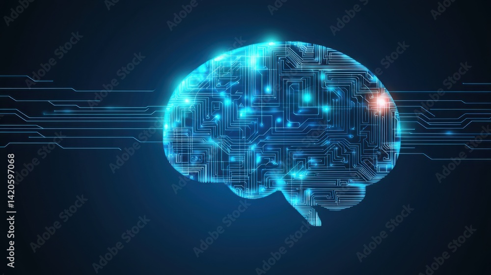 Poster ai-powered digital brain glowing with smart technology effects on a dark futuristic backdrop
