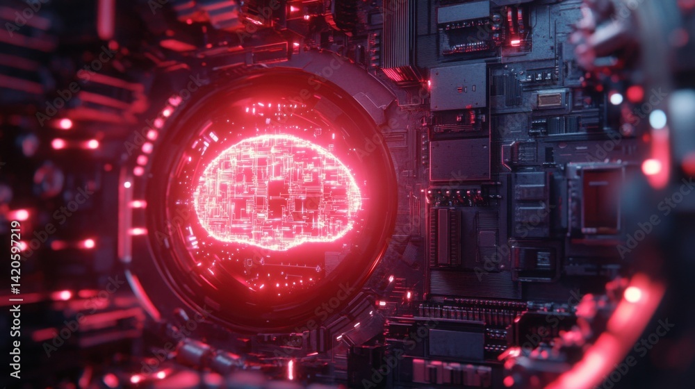 Poster futuristic concept of brain-machine interface with circuitry lighting up from the inside