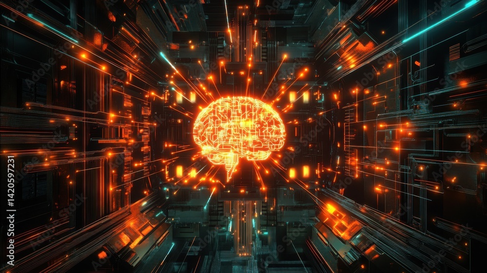 Poster futuristic concept of brain-machine interface with circuitry lighting up from the inside