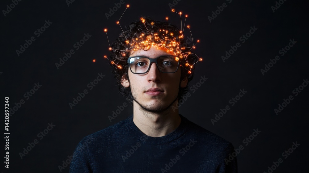 Poster futuristic concept of brain-machine interface with circuitry lighting up from the inside