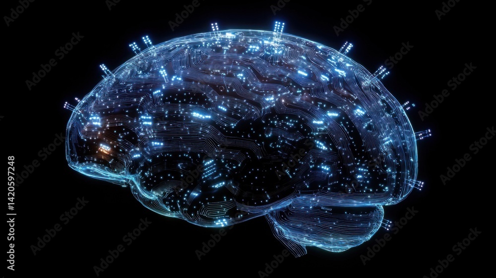 Poster futuristic glowing brain formed by circuit lines and data points, symbolizing smart tech evolution