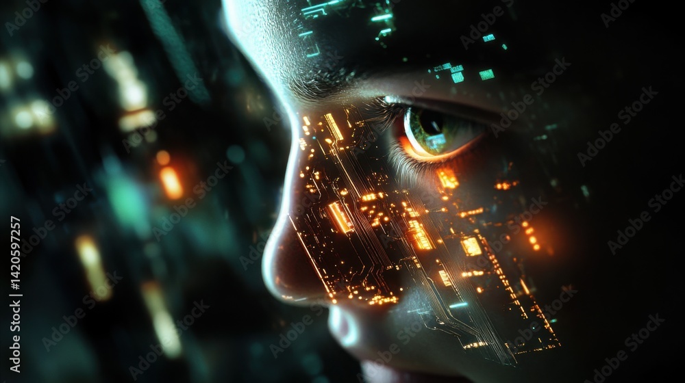Poster futuristic concept of brain-machine interface with circuitry lighting up from the inside