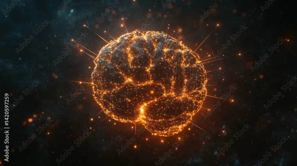 Poster glowing circuit brain made of electric lines and nodes, floating against a dark futuristic backgroun