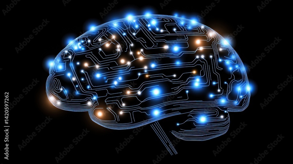 Poster futuristic glowing brain formed by circuit lines and data points, symbolizing smart tech evolution