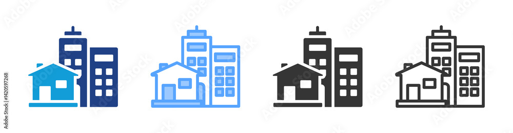Poster buildings icon set multiple style collection