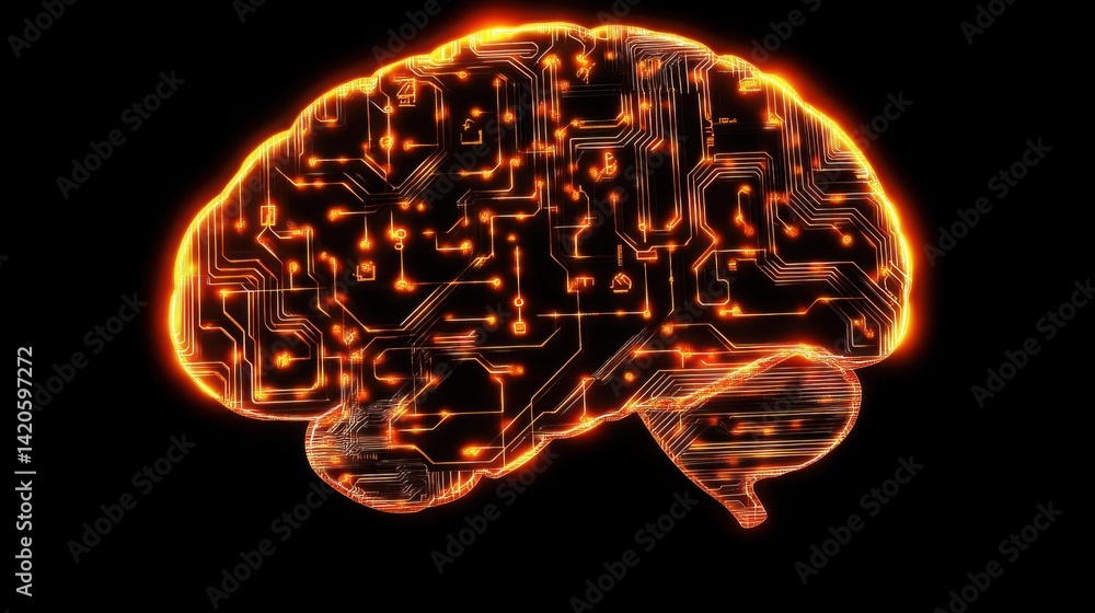 Poster futuristic glowing brain formed by circuit lines and data points, symbolizing smart tech evolution
