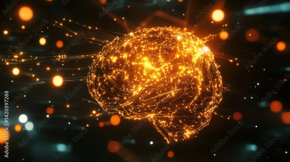 Aufkleber glowing circuit brain made of electric lines and nodes, floating against a dark futuristic backgroun