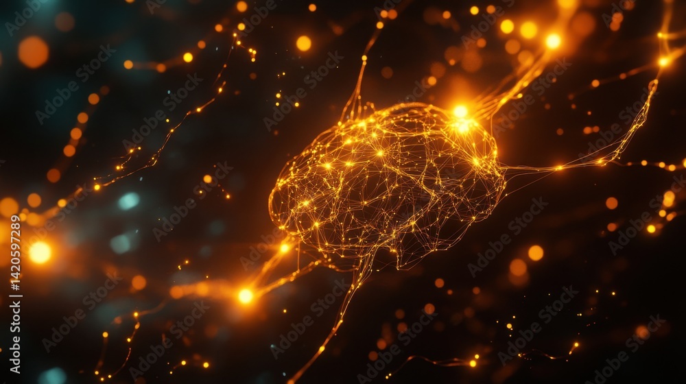 Poster glowing circuit brain made of electric lines and nodes, floating against a dark futuristic backgroun