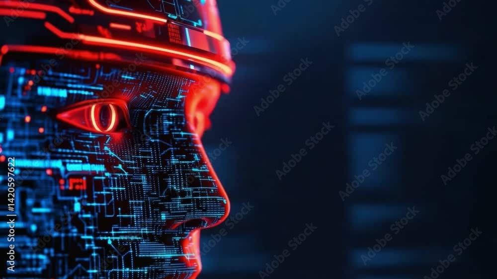 Poster futuristic cybernetic face with glowing circuit patterns and colors